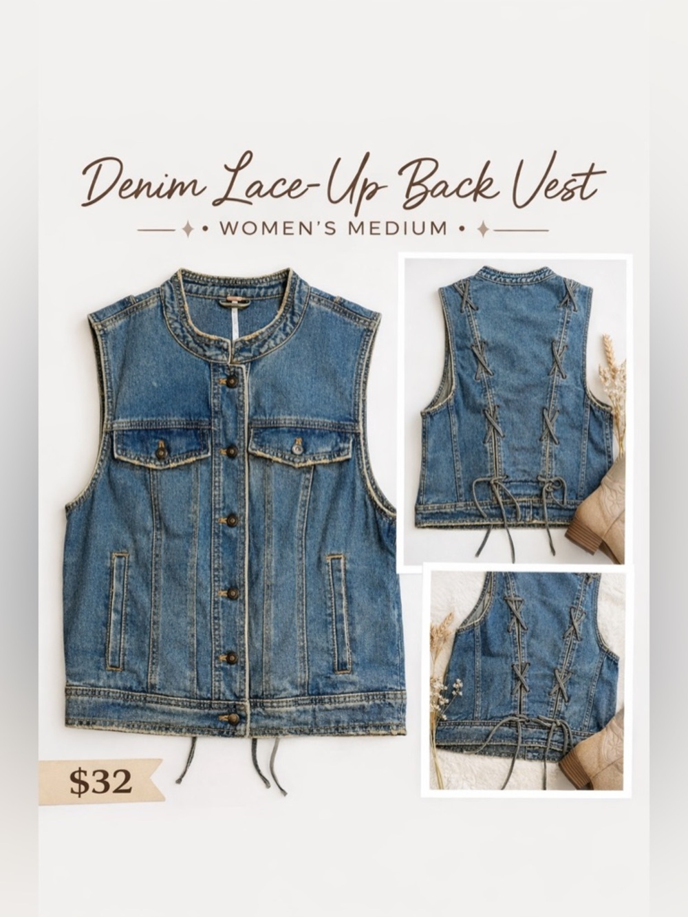 Free People Lace-Up Back Denim Vest Size M Boho Sleeveless Jacket